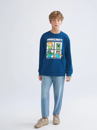 LCW Kids Petrol Bisiklet Yaka Minecraft Baskılı Erkek Çocuk Sweatshirt