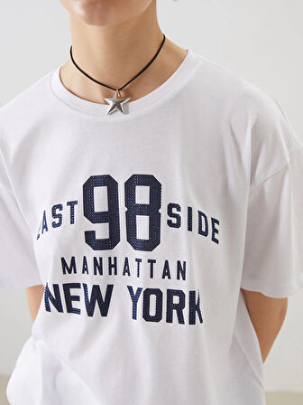 XSIDE Beyaz Bisiklet Yaka New York Baskılı Kadın Tişört