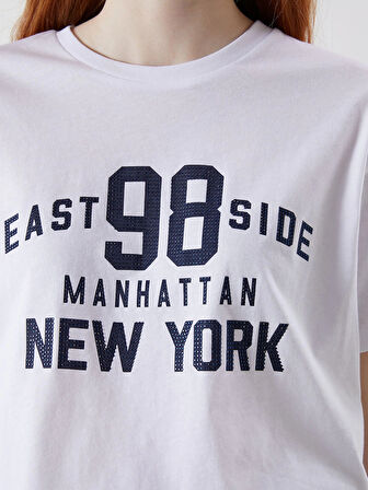 XSIDE Beyaz Bisiklet Yaka New York Baskılı Kadın Tişört
