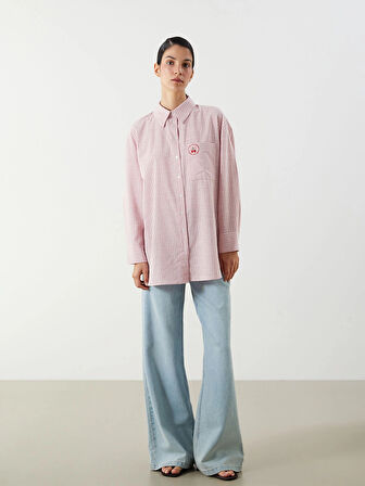LCW Modest Pembe Kiraz Nakışlı Oversize Kadın Gömlek Tunik