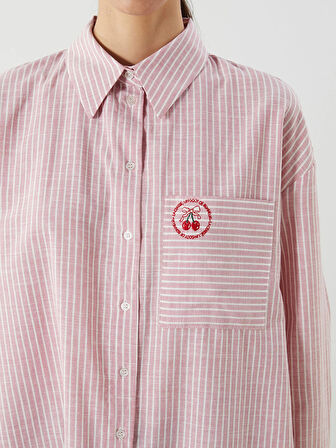 LCW Modest Pembe Kiraz Nakışlı Oversize Kadın Gömlek Tunik
