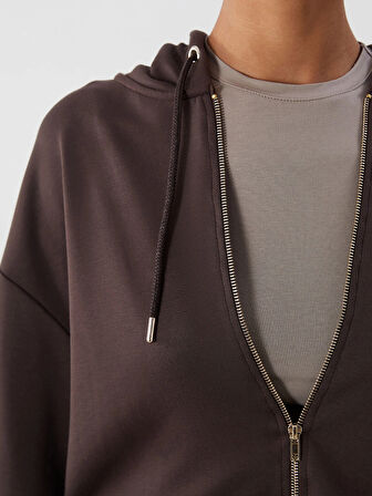 LCW Vision Kahverengi Kapüşonlu Kadın Fermuarlı Sweatshirt