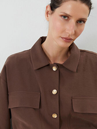LCWAIKIKI Classic Kahverengi Gömlek Yaka Oversize Kadın Ceket