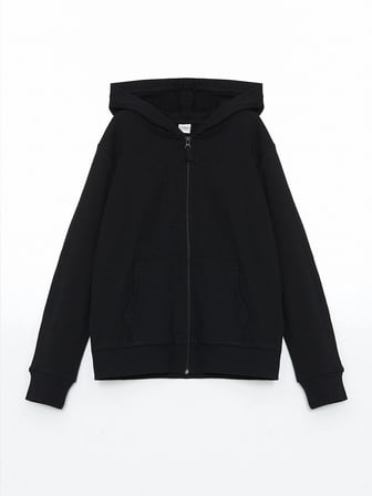 LCW Kids Siyah Kapüşonlu Basic Uzun Kollu Kız Çocuk Fermuarlı Sweatshirt