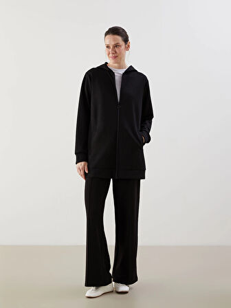 LCWAIKIKI Classic Siyah Kapüşonlu Oversize Kadın Fermuarlı Sweatshirt