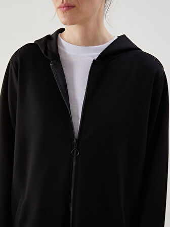 LCWAIKIKI Classic Siyah Kapüşonlu Oversize Kadın Fermuarlı Sweatshirt