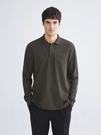 LCWAIKIKI Classic Haki Polo Yaka Uzun Kollu Erkek Sweatshirt