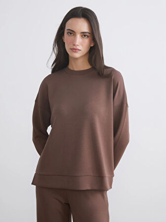 LCW Vision Kahverengi Bisiklet Yaka Oversize Kadın Sweatshirt