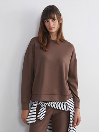 LCW Vision Kahverengi Bisiklet Yaka Oversize Kadın Sweatshirt