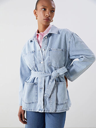 LCWAIKIKI Classic Indigo Gömlek Yaka Kadın Jean Ceket