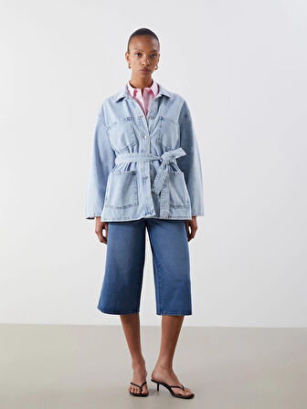 LCWAIKIKI Classic Indigo Gömlek Yaka Kadın Jean Ceket