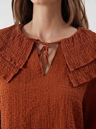 LCWAIKIKI Classic Kahverengi Bağlamalı Yaka Dokulu Bluz