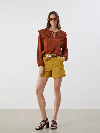 LCWAIKIKI Classic Kahverengi Bağlamalı Yaka Dokulu Bluz