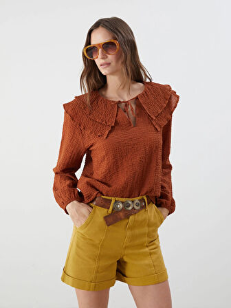 LCWAIKIKI Classic Kahverengi Bağlamalı Yaka Dokulu Bluz