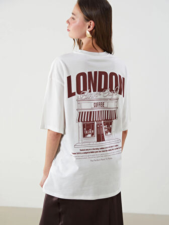 LCW Vision Ekru Bisiklet Yaka London Baskılı Oversize Kadın Tişört
