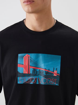 XSIDE Siyah Bisiklet Yaka New York Baskılı Penye Erkek Tişört