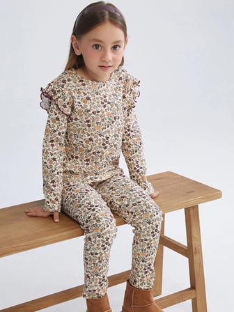 LCW Kids Bej Beli Lastikli Çiçekli Kız Çocuk Tayt