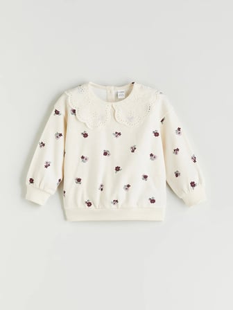 LCW Kids Ekru Bebe Yaka Çiçek Baskılı Kız Çocuk Sweatshirt
