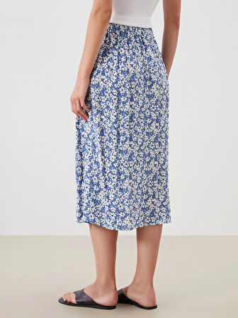 LCWAIKIKI Classic Lacivert Beli Lastikli Çiçekli Yırtmaçlı Etek
