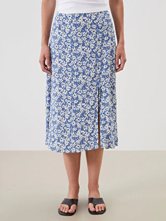 LCWAIKIKI Classic Lacivert Beli Lastikli Çiçekli Yırtmaçlı Etek