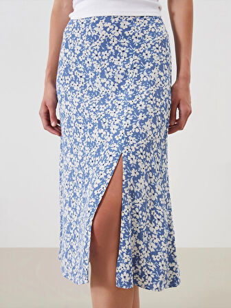 LCWAIKIKI Classic Lacivert Beli Lastikli Çiçekli Yırtmaçlı Etek