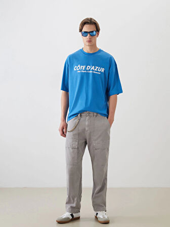 XSIDE Mavi Bisiklet Yaka Baskılı Penye Erkek Tişört