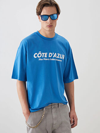 XSIDE Mavi Bisiklet Yaka Baskılı Penye Erkek Tişört