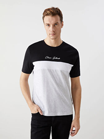 LCWAIKIKI Classic Siyah Bisiklet Yaka Kısa Kollu Renk Bloklu Erkek Tişört