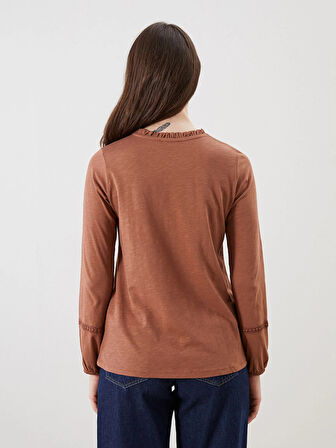 LCW Grace Kahverengi Fırfırlı Bisiklet Yaka Dantel Detaylı Bluz