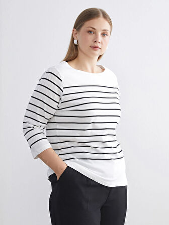 LCWAIKIKI Classic Siyah Bisiklet Yaka Çizgili Kadın Tişört