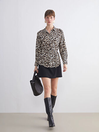 LCWAIKIKI Classic Kahverengi Büyük Beden Leopar Desenli Kadın Gömlek