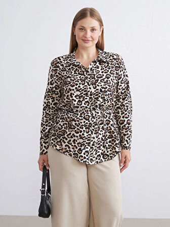 LCWAIKIKI Classic Kahverengi Büyük Beden Leopar Desenli Kadın Gömlek