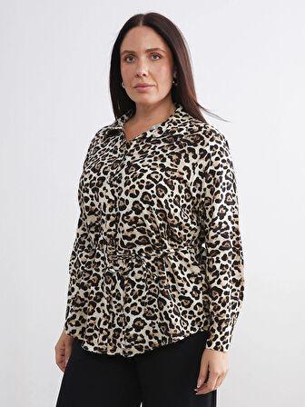 LCWAIKIKI Classic Kahverengi Büyük Beden Leopar Desenli Kadın Gömlek
