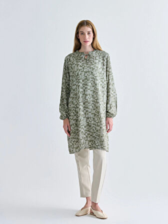 LCW Grace Haki Fırfırlı Bağlamalı Yaka Desenli Kadın Tunik