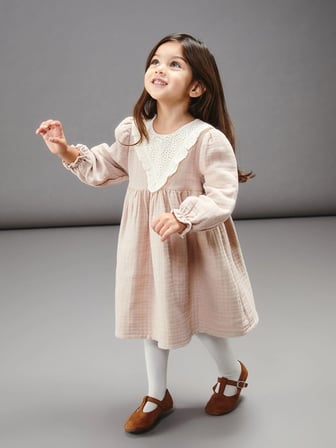 LCW baby Bej Bebe Yaka Müslin Kız Bebek Elbise