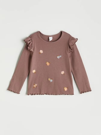 LCW Kids Kahverengi Bisiklet Yaka Çiçek Nakışlı Kız Çocuk Tişört