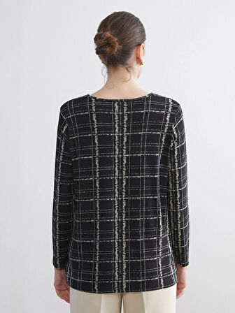 LCW Grace Siyah Bisiklet Yaka Desenli Bluz