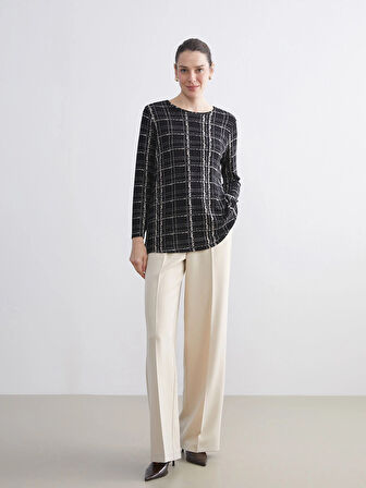 LCW Grace Siyah Bisiklet Yaka Desenli Bluz