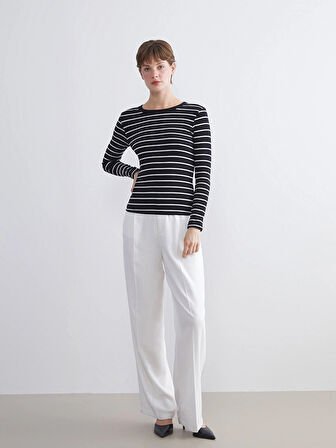 LCWAIKIKI Classic Siyah Bisiklet Yaka Çizgili Kadın Body