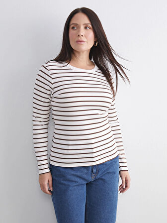 LCWAIKIKI Classic Kahverengi Bisiklet Yaka Çizgili Kadın Body