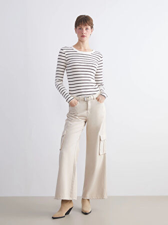 LCWAIKIKI Classic Kahverengi Bisiklet Yaka Çizgili Kadın Body