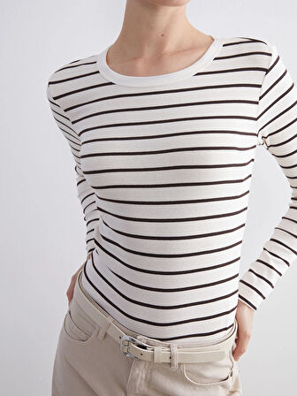 LCWAIKIKI Classic Kahverengi Bisiklet Yaka Çizgili Kadın Body