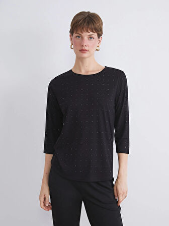 LCWAIKIKI Classic Siyah Bisiklet Yaka Taşlı Bluz