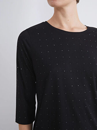 LCWAIKIKI Classic Siyah Bisiklet Yaka Taşlı Bluz