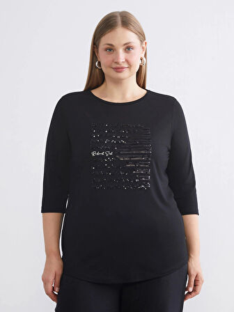 LCWAIKIKI Classic Siyah Bisiklet Yaka Pul İşlemeli Bluz