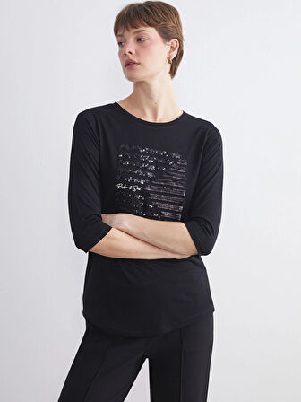 LCWAIKIKI Classic Siyah Bisiklet Yaka Pul İşlemeli Bluz