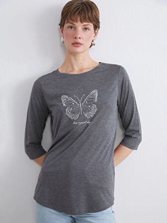 LCWAIKIKI Classic Antrasit Bisiklet Yaka Taşlı Kadın Tişört