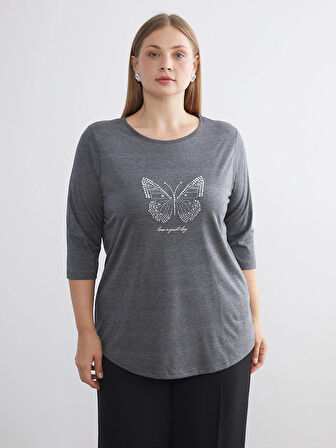 LCWAIKIKI Classic Antrasit Bisiklet Yaka Taşlı Kadın Tişört