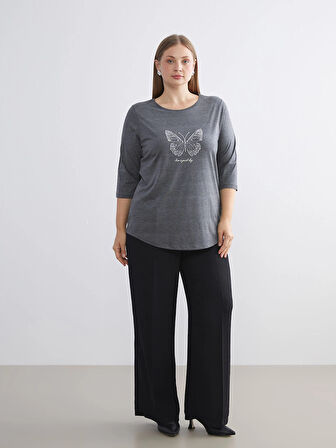 LCWAIKIKI Classic Antrasit Bisiklet Yaka Taşlı Kadın Tişört