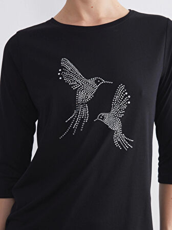 LCWAIKIKI Classic Siyah Bisiklet Yaka Boncuk İşlemeli Kadın Tişört